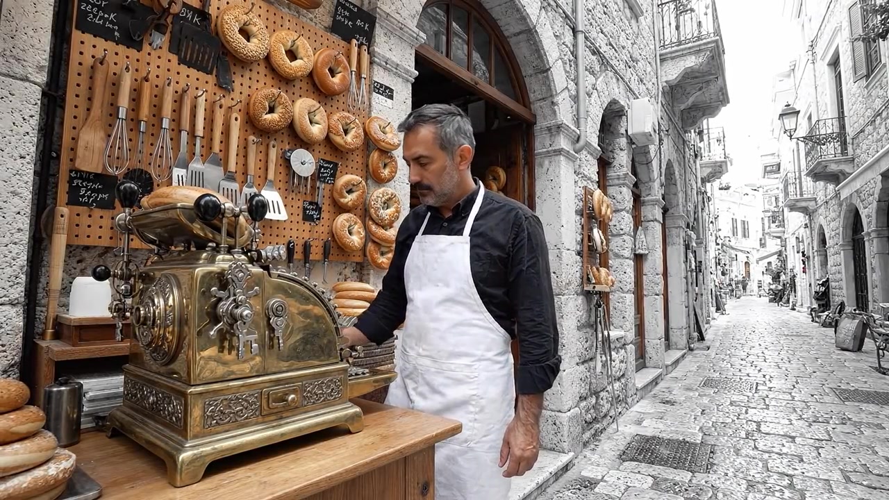 Padeiro Artesanal em Rua Histórica - Um Artesão Dedicado Entre Bagels Frescos e Ferramentas Antigas Numa Travessa de Pedra Antiga