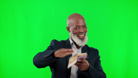 Smile,-studio-and-black-man-throwing-money