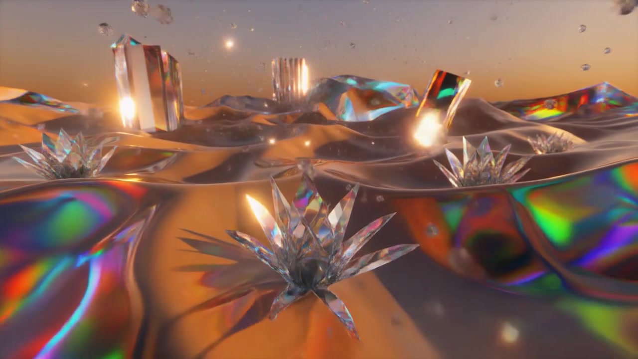 Abstract 3D Animation of Floating Crystal Flowers on Liquid Gold Surface