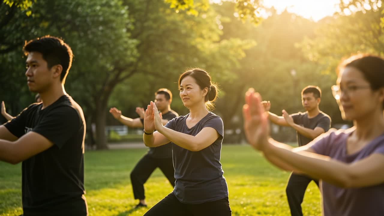 A Group of Individuals Practicing Yoga in a Lush Park During Golden Hour, Engaging in Mindful Movements and Breath Control for Enhanced Well-being and Relaxation