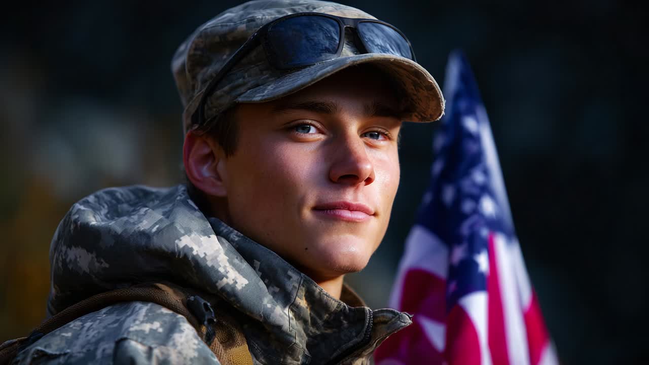 A young soldier proudly holding an American flag, embodying patriotism and resilience in a moment captured during a training exercise, showcasing determination and commitment to service