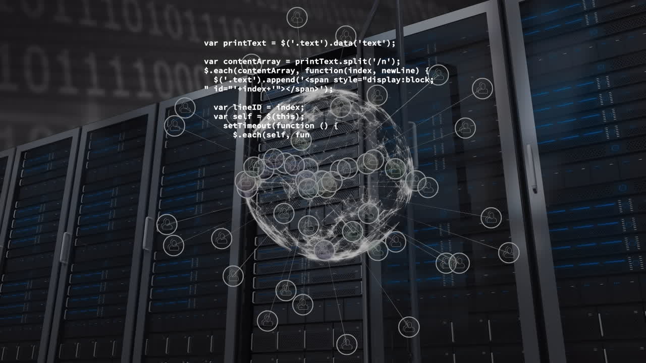 animação do globo de conexões e processamento de dados sobre a sala do servidor