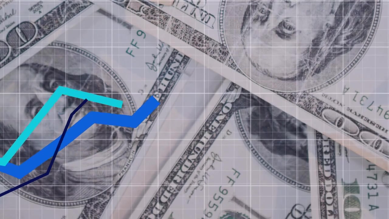 Animatie van blauwe grafieken die bewegen over een netwerkraster, tegen een close-up van Amerikaanse dollars.