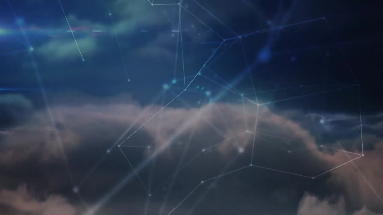Network of connections spinning over clouds in the blue sky