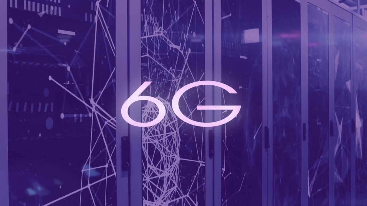 animación de texto 6g y red de conexiones a través de la sala de servidores