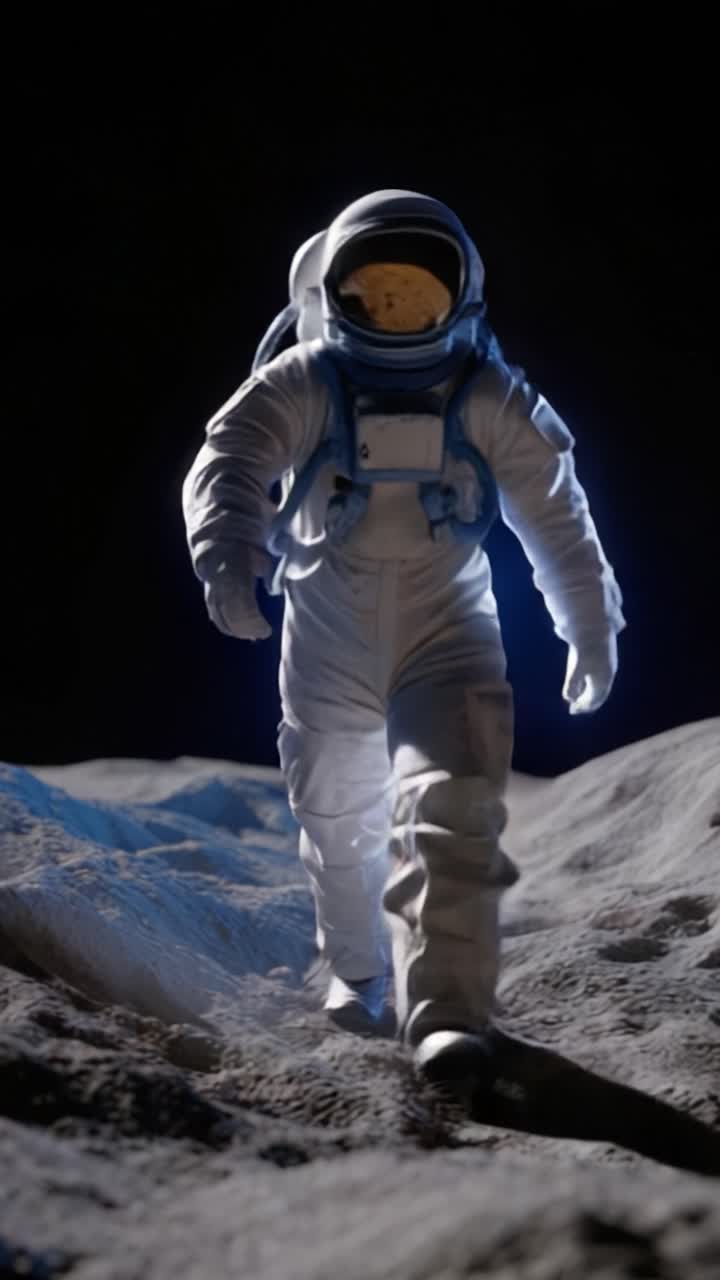 An astronaut explores the moon's surface under the mesmerizing light of distant stars, showcasing the beauty and challenges of space exploration and discovery