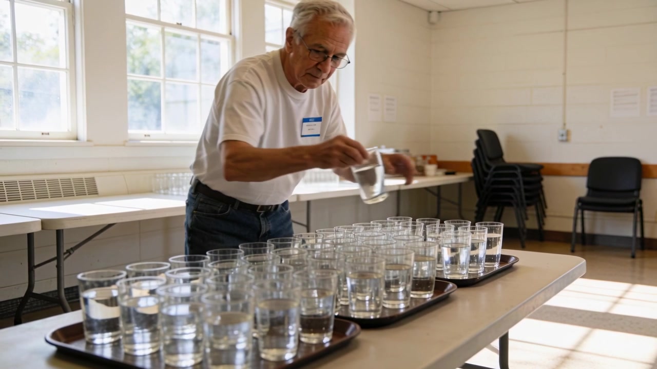 Leaning senior man arranging water glasses on dark trays in meeting room preparing drinks for event