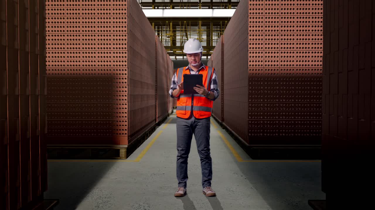 Full Body Of Asian Male Engineer With Safety Helmet Working On A Tablet While Standing With Red Brick Packed in Stacks Are Stored