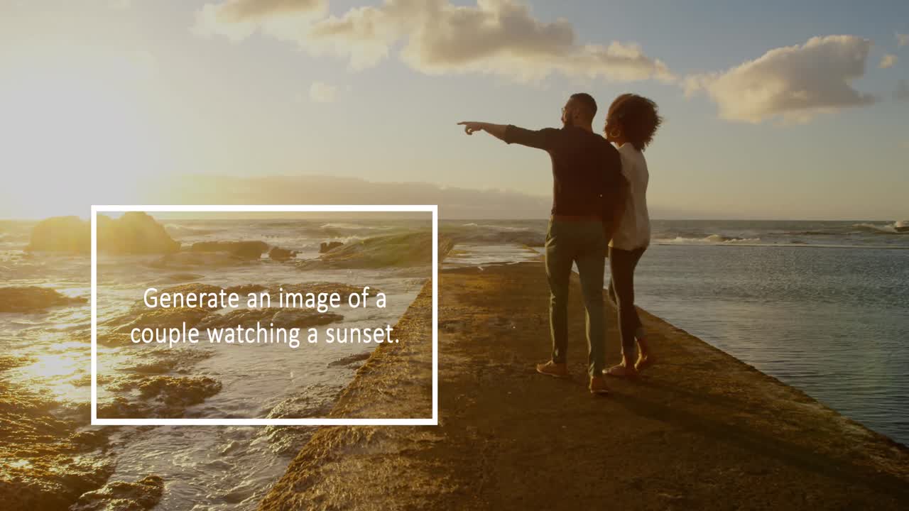 animación de ai texto y burbujas de habla sobre pareja afroamericana por la orilla del mar.