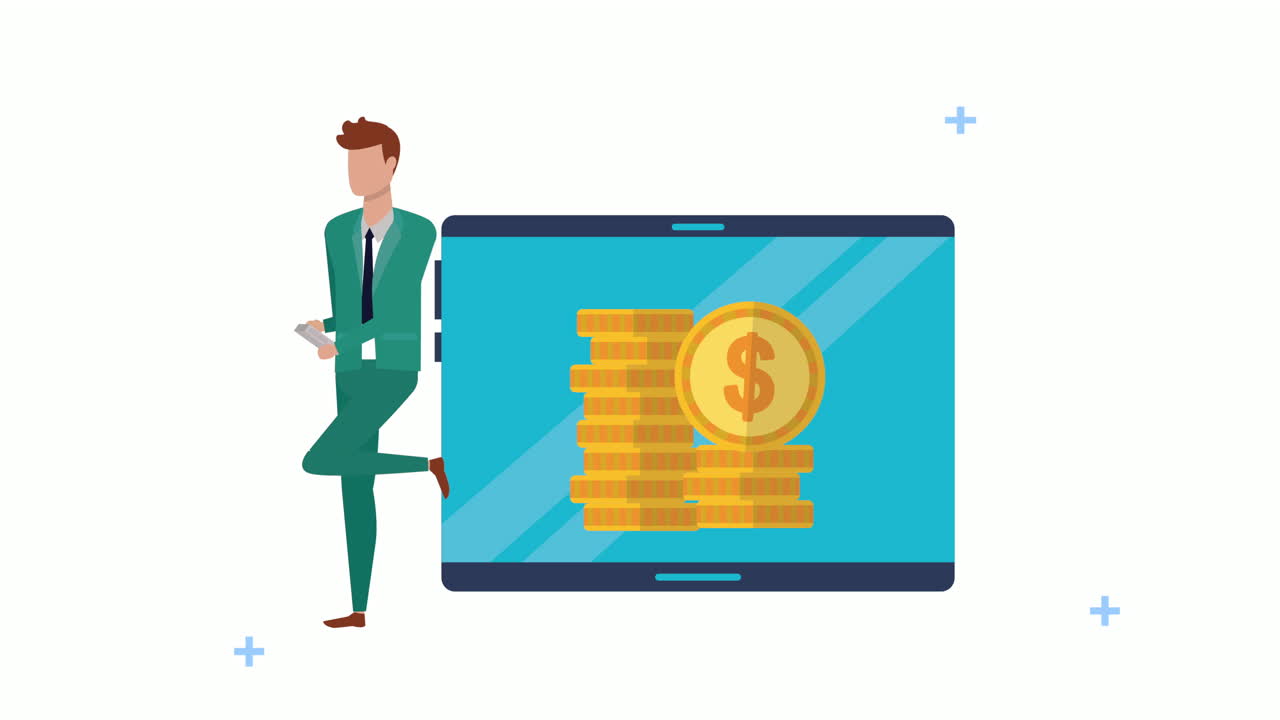 태블릿과 동전 달러를 가진 젊은 사업가