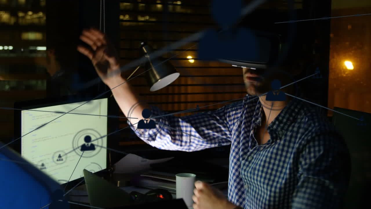 연결 네트워크의 애니메이션과 휴대폰 vr 헤드 ⁇ 을 착용하는 사업가