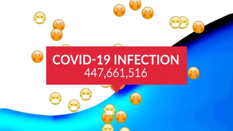 Covid-19-Infektionstext-Mit-Steigenden-Zahlen-Vor-Gesichts-Emojis-Auf-Blauem-Und-Weißem-Hintergrund