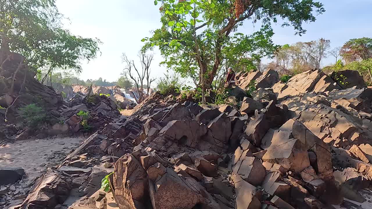 A rocky landscape with a prominent tree under bright daylight in Champasak, Laos. The camera pans slowly, capturing natural textures