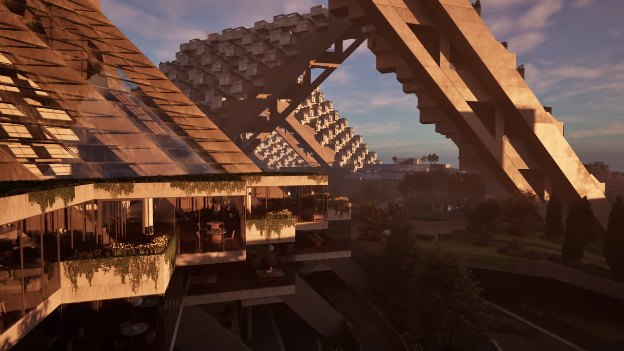 arquitectura brutalista futurista en el atardecer