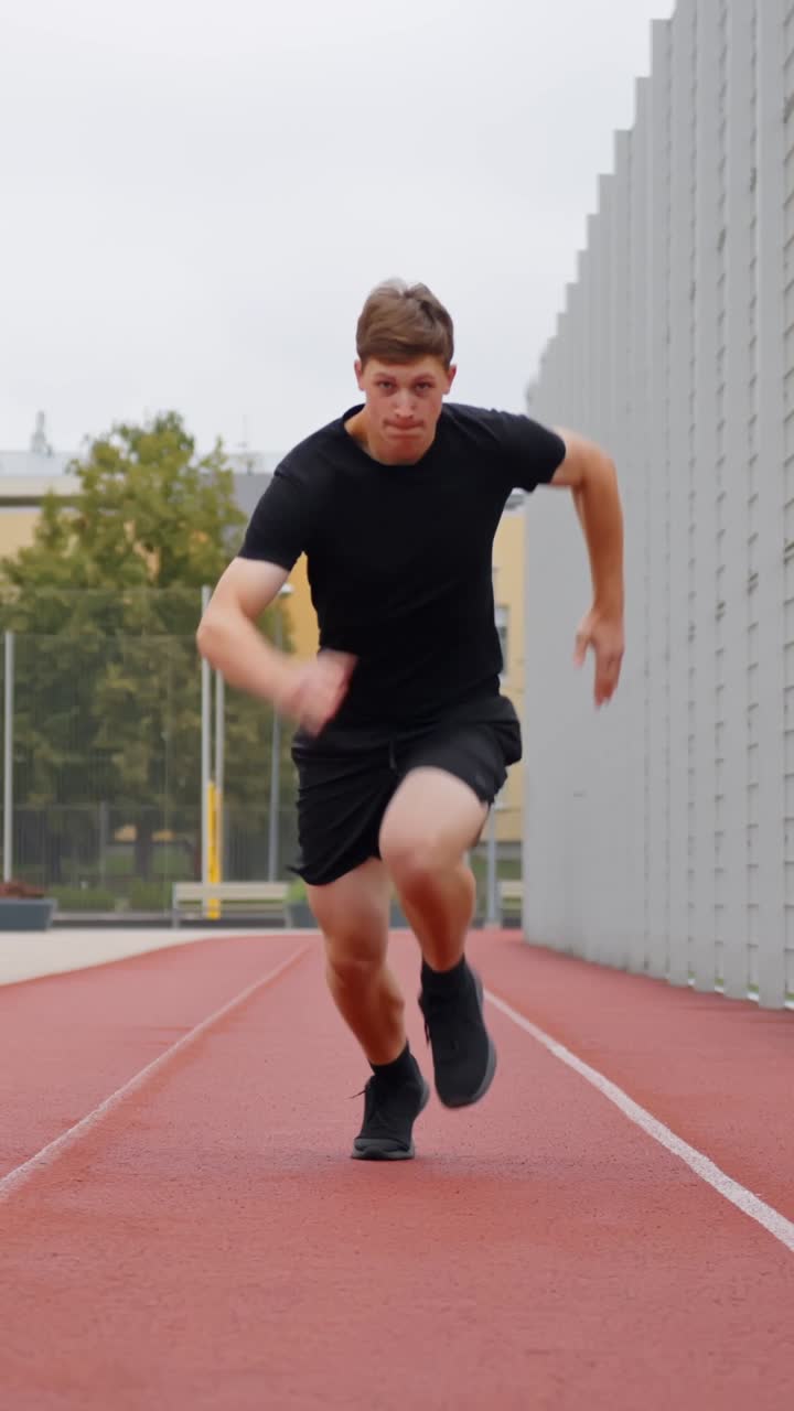 Athlete on track preparing to sprint, focused and determined energy, vertical