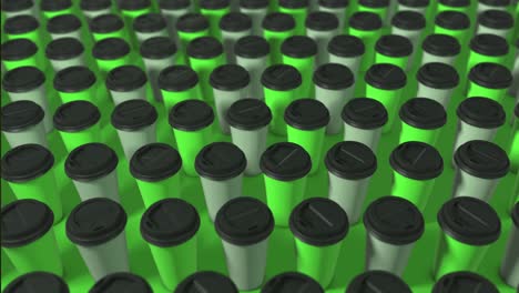 two colored coffee cups background. 3d abstract render with bright light and shadows. coffee cups pattern. loopable animation. green white