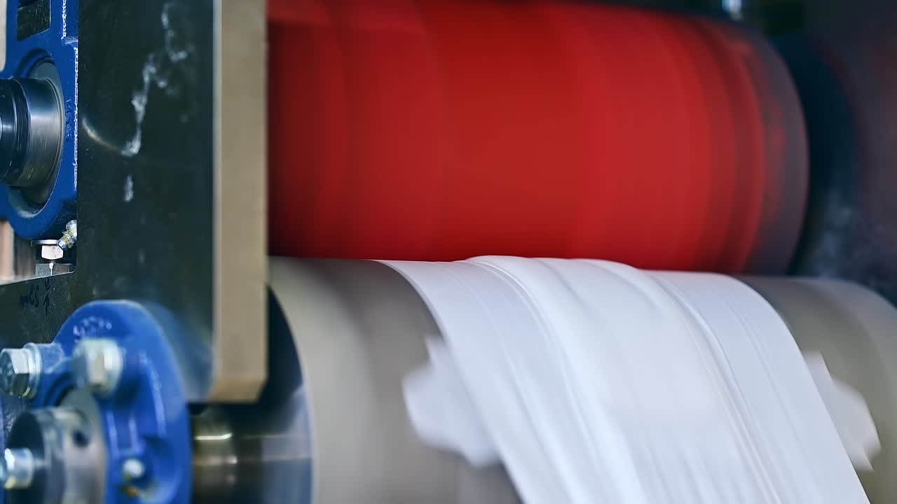 Quick movement of diaper cloth from the shafts. Conveyor line releasing the material at the diaper factory. Close up.