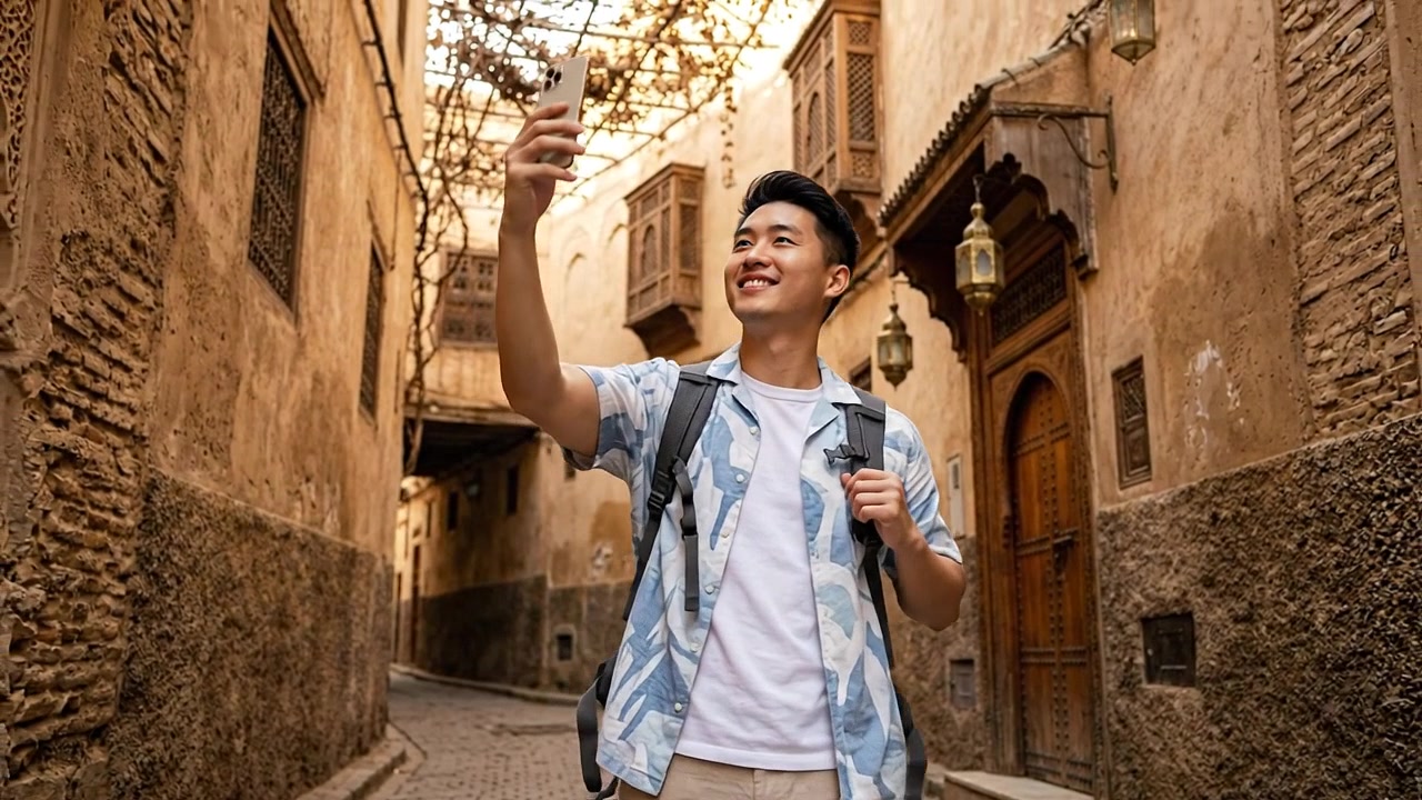 Turista Explorando Ruas Históricas Europeias e Tirando Fotos de Viagem