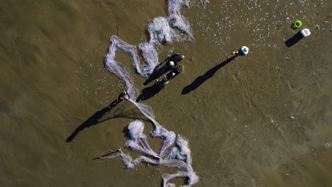 Los-Pescadores-Locales-En-La-Playa-Sacuden-Los-Peces-De-La-Red-Blanca,-Los-Recogen