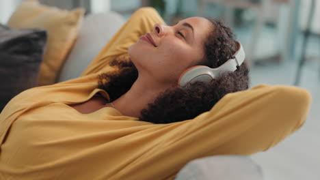 relax, calm music and woman at home on a living