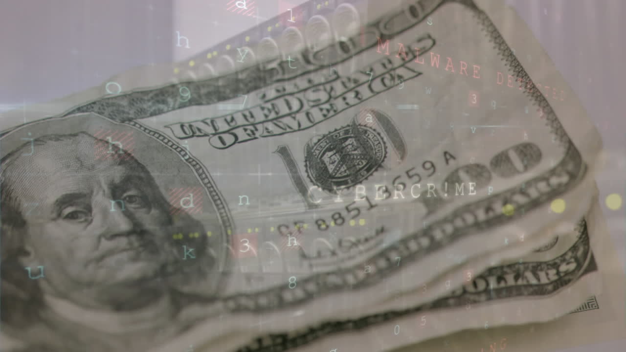 Animation of changing numbers and virus alert over falling dollar banknotes