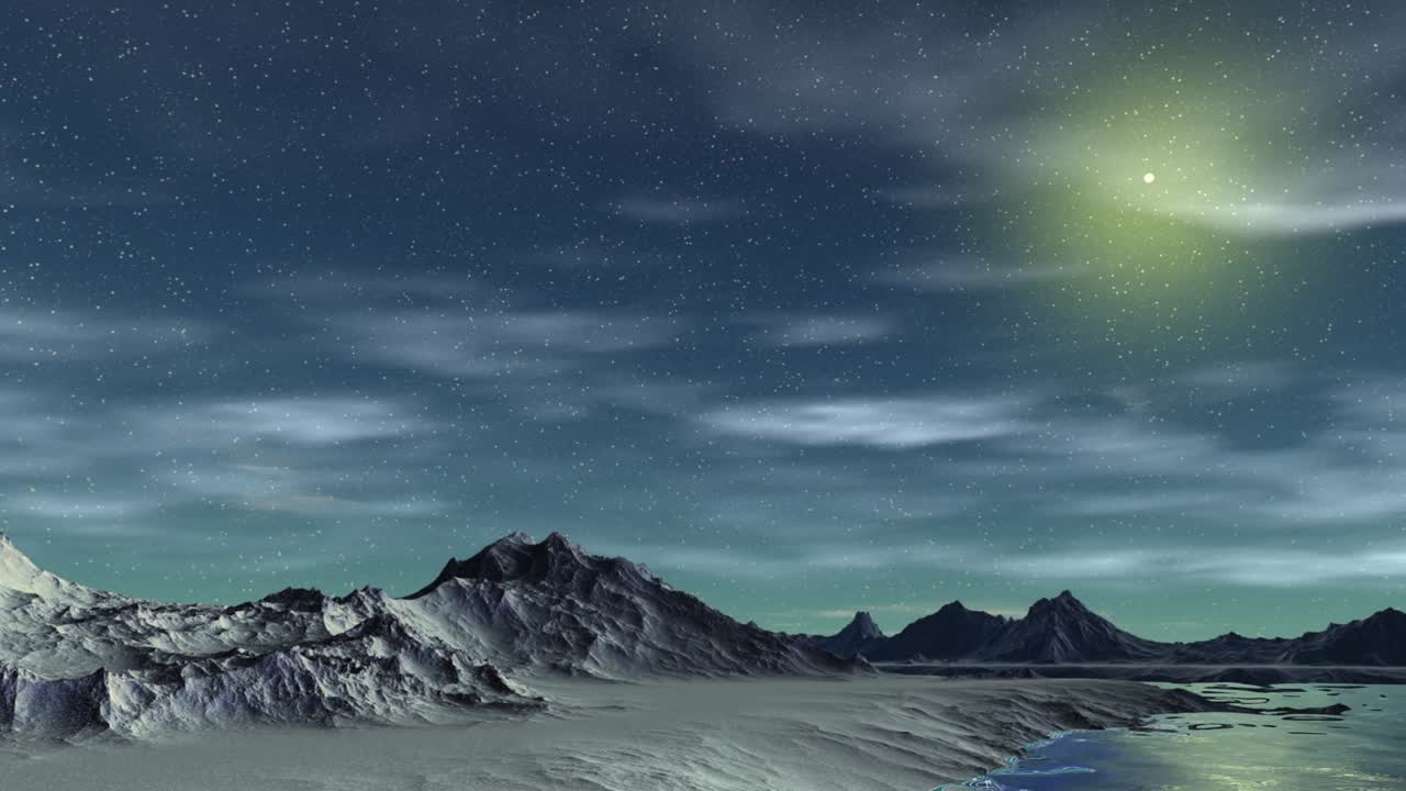 инопланетная планета. гора и вода. анимация. панорама. 4k