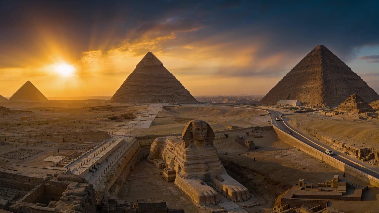 Ricevendo una luce calda, la Grande Sfinge di Giza si crogiola mentre il sole si fa strada tra le nuvole riscaldando le piramidi.