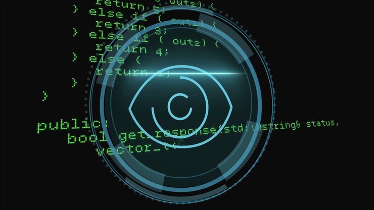 Vage schildvervaging initieert roterende HUD-overlay die groene code scant voor cybersecurity-analyse