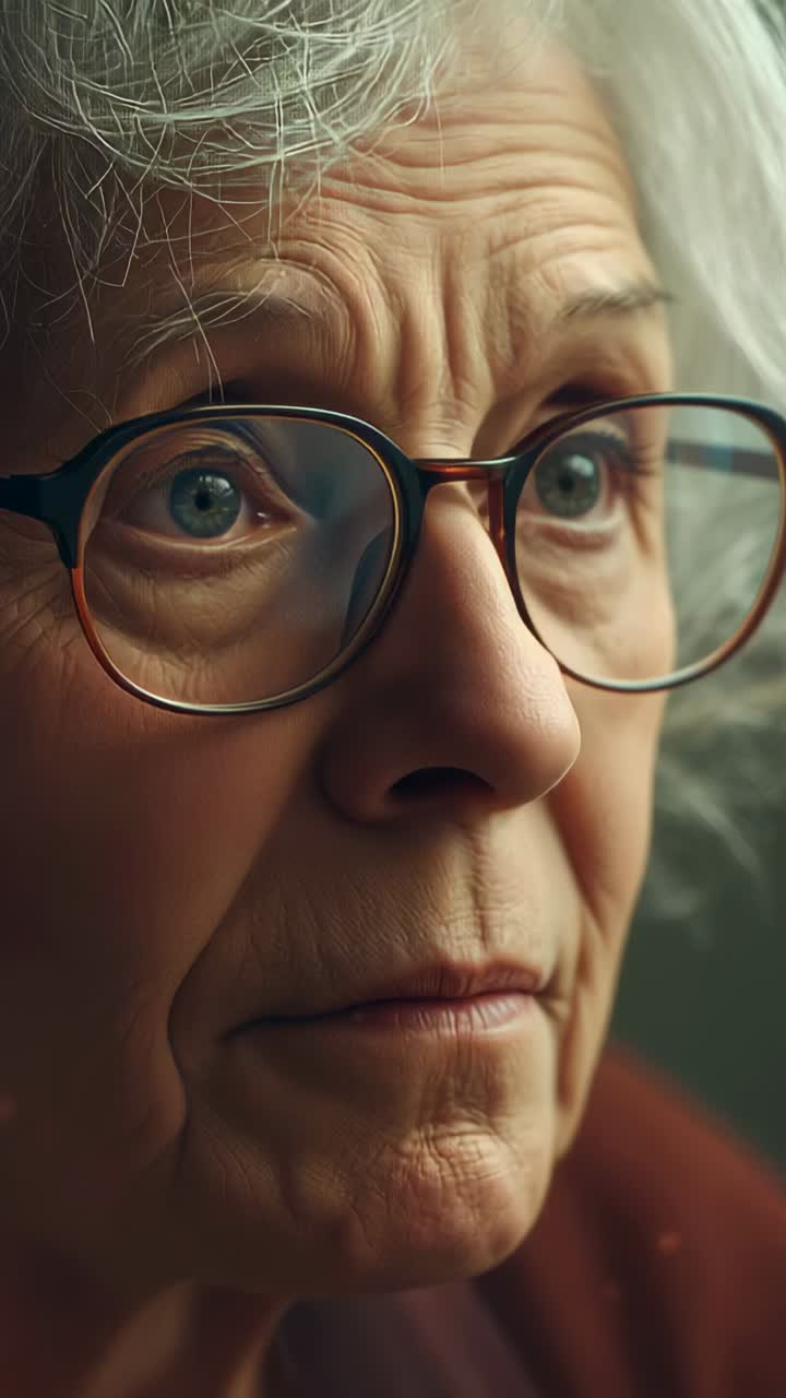 Vertical video: Opening senior woman eyes, shifting gaze after camera cue in room, eyeglasses top