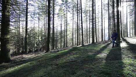 Man-walking-on-the-cold-morning-through-the-forest