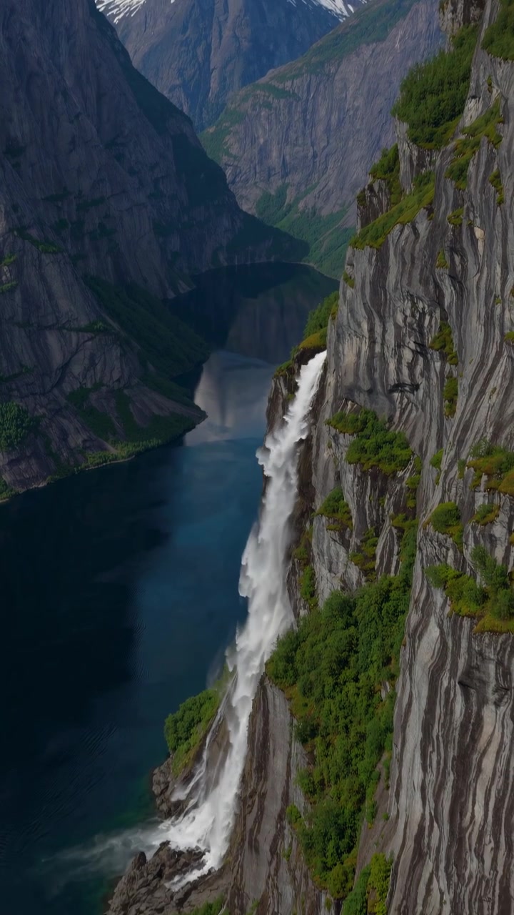 Letecký pohled na majestátní vodopád padající do hlubokého norského fjordu