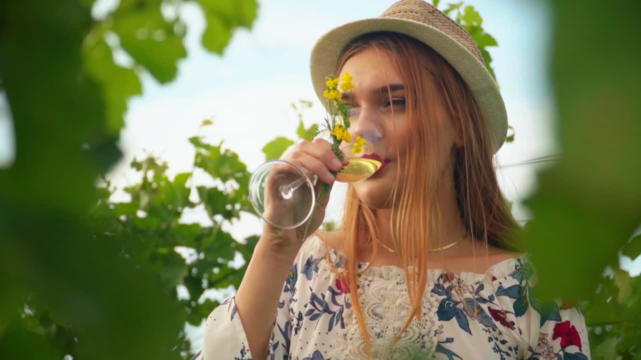 Stunning HD footage of a white Caucasian woman with a knitted hat, dress and red lipstick stands among vineyards, sipping wine and enjoying the view