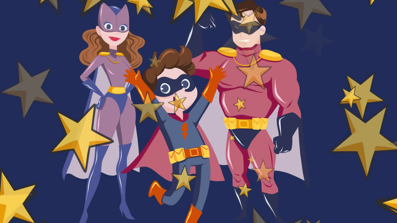 어머니, 아버지, 아들이 슈퍼히어로 의상을 입고 파란색 바탕에 별을 그린 애니메이션