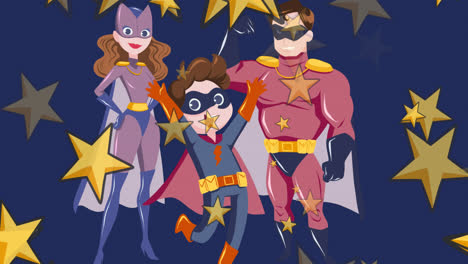 animation of mother, father and son in superhero costumes over blue background with stars