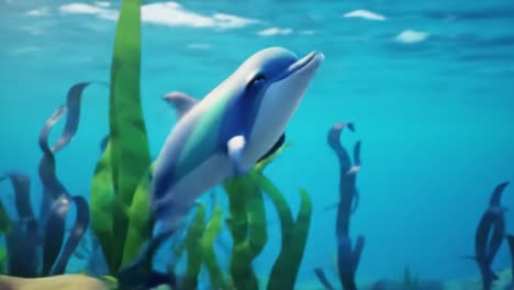 a playful dolphin swimming gracefully through vibrant underwater gardens, showcasing the beauty of marine life in crystal clear waters