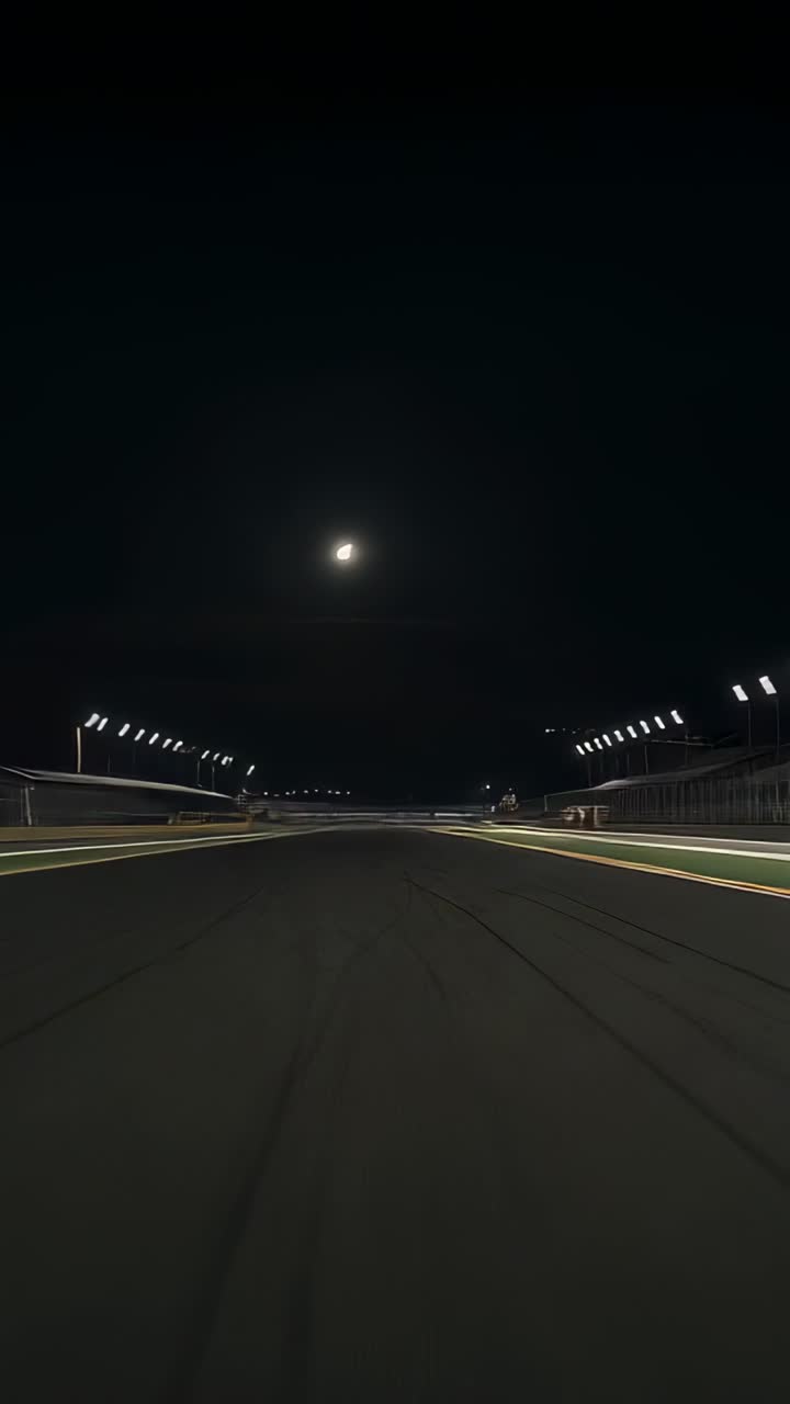 Vertical video: Moon rising over asphalt main straight, floodlights casting beams on painted curbs