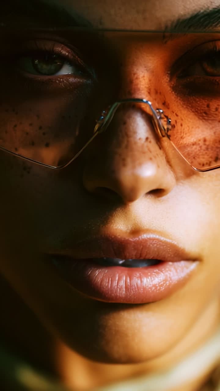 Close-up of a young person wearing stylish sunglasses, highlighting striking facial features, beauty, and a captivating expression, showcasing natural freckles and glistening skin
