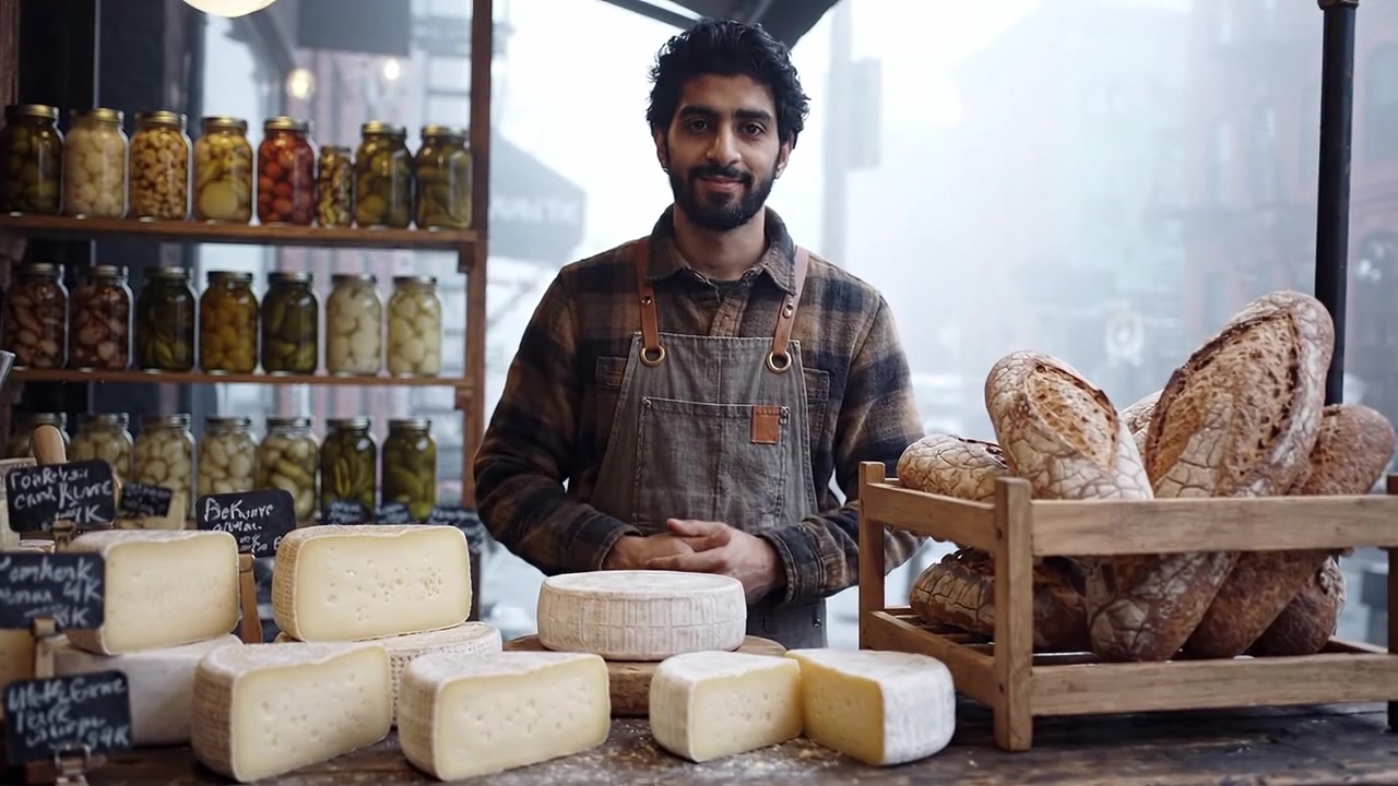 Artisan Cheese and Bread Stand with a Smiling Attendant Amidst a Cozy Foggy Atmosphere Showcasing Local Delicacies and Rustic Craftsmanship