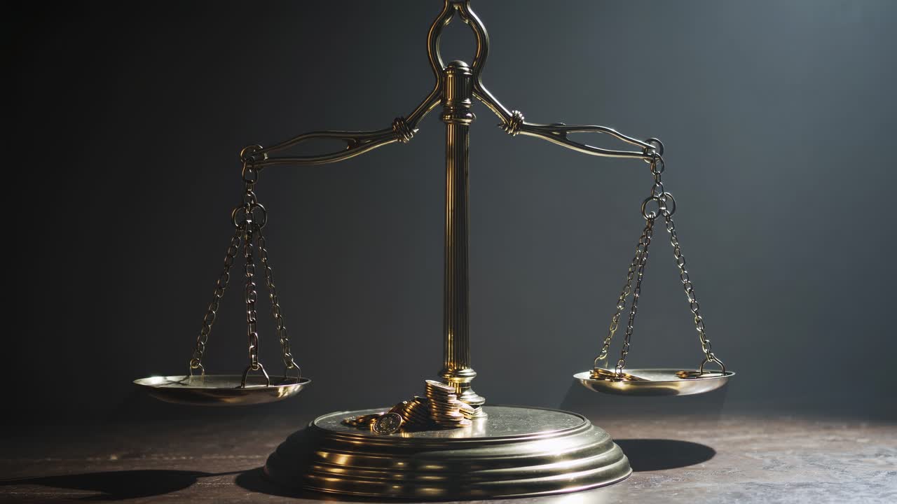 A close-up, low-angle shot of a brass balance scale on a wooden table, symbolizing justice