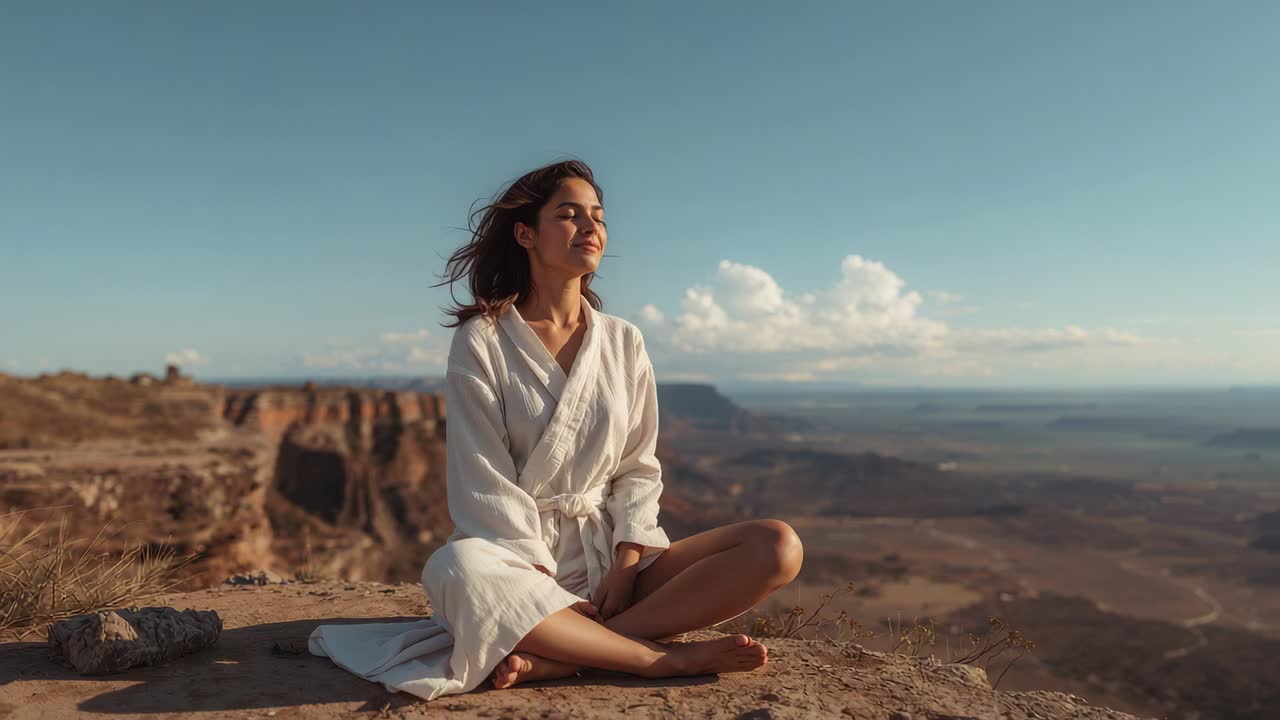 Mujer respirando, con una túnica blanca, sentada en una cornisa rocosa, con la luz del sol y la brisa acompañando la meditación