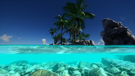 vista dividida de la sección transversal de agua de mar y palmeras en la isla