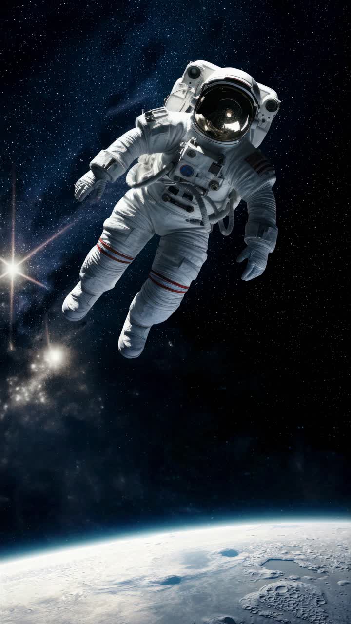 A lone astronaut floats in space above Earth, captured from a low-angle shot, evoking a cinematic