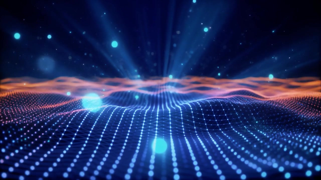 Abstract Digital Wave Background with Glowing Particles and Light Rays