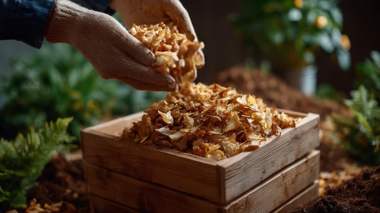 A Gardener's Care: Preparing Natural Mulch with Dried Leaves and Garden Tools in an Indoor Setting Filled with Green Plants