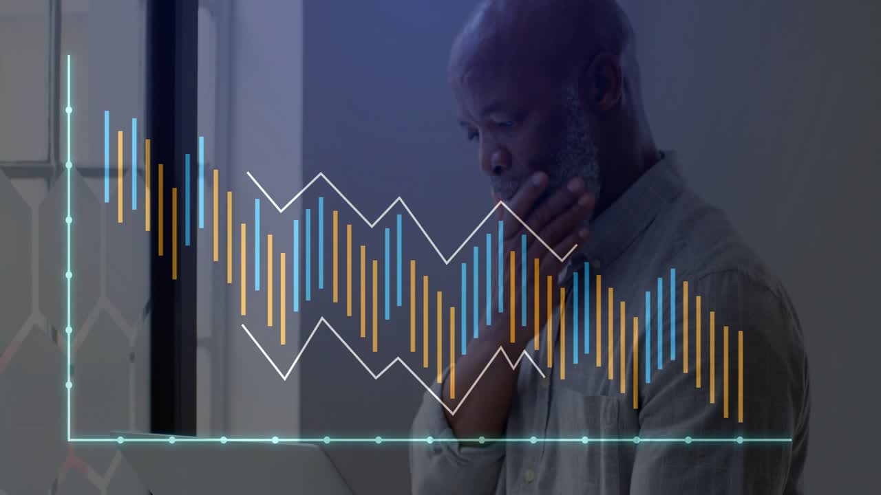 Senior consultant tapping trackpad and initiating finance bars overlaying torso analyzing trends