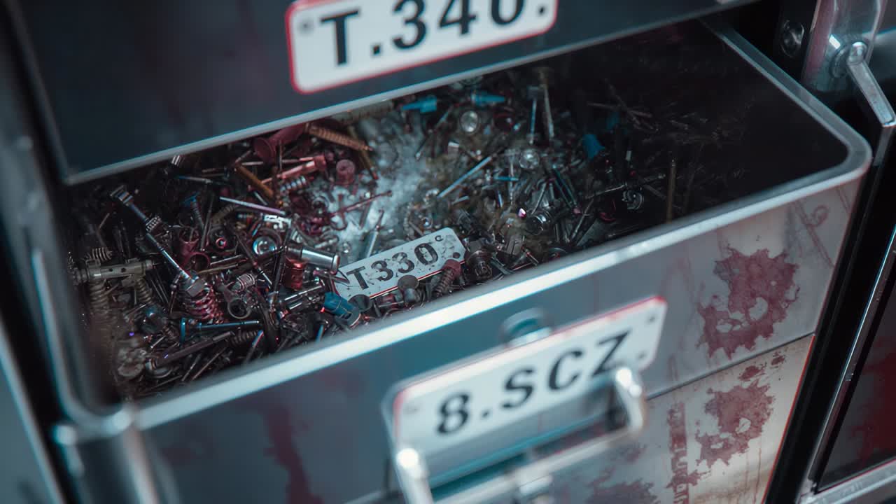 Panning camera capturing open metal cabinet drawer in workshop, revealing hardware and T