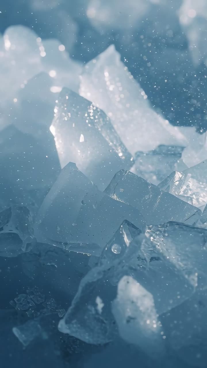 Video verticale: carrellata che rivela un gruppo di ghiaccio che si sposta in macro, mostrando goccioline e riflessi