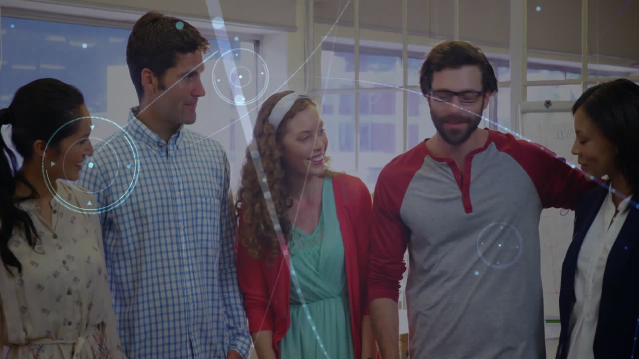 Business team discussing project with network connections animation over them