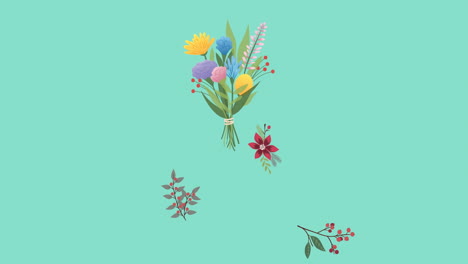 animation of falling foliage, berries and flowers with colourful bouquet in centre on blue