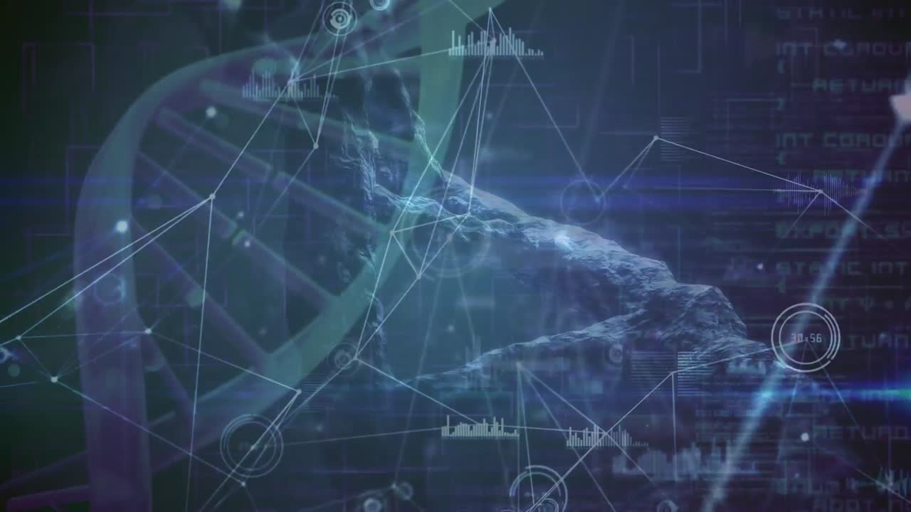 animación de la cadena de adn girando sobre redes de conexiones sobre fondo azul